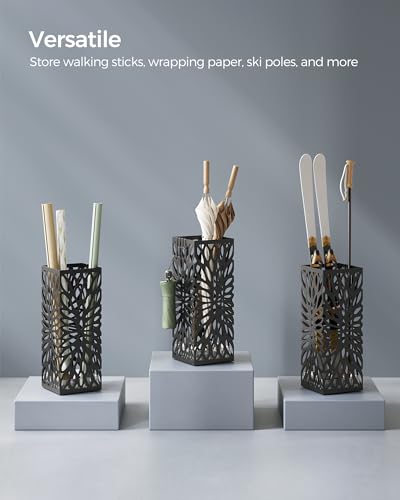 SONGMICS Umbrella Stand, Umbrella Holder for Entryway, Steel Square Umbrella Rack Organizer Freestanding, for Canes Walking Sticks, with a Detachable Drip Tray, 4 Hooks, Black ULUC026B33