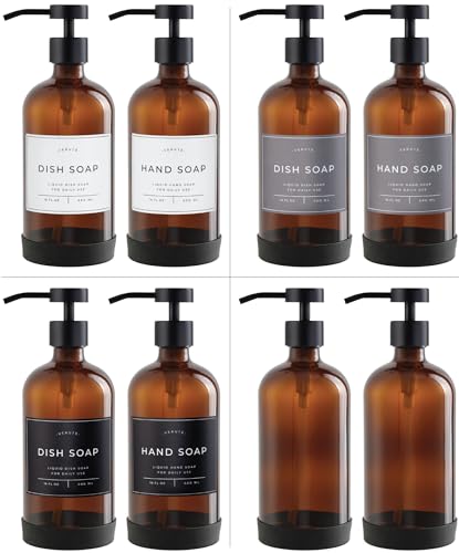 Hand and Dish Soap Dispenser for Kitchen and Bathroom, Set of 2 16 Oz Glass Bottles, Stainless Steel Pumps, Non-Slip Silicone Base, 27 Waterproof Labels (Amber Bottle/Black Pump)