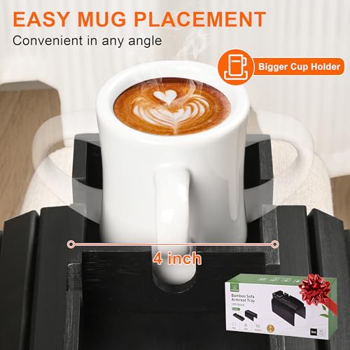 Joy&Grace Couch Cup Holder, 3-in-1 Magnetic Detachable Couch Arm Tray, Bamboo Sofa Armrest Table with Anti-Slip Pad, Sofa Armrest Tray Table (Black)