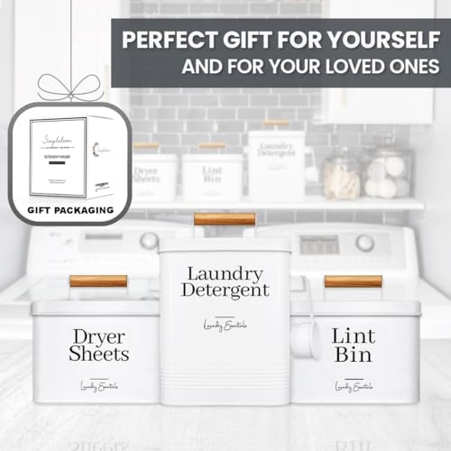Modern Farmhouse Laundry Detergent Container for Laundry Decor (White) | Metal Laundry Pods Container, Laundry Powder Holder for Laundry Room Organization