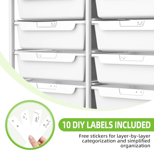 10 Drawers Rolling Cart with Wooden Tabletop, Util... (Pure White)