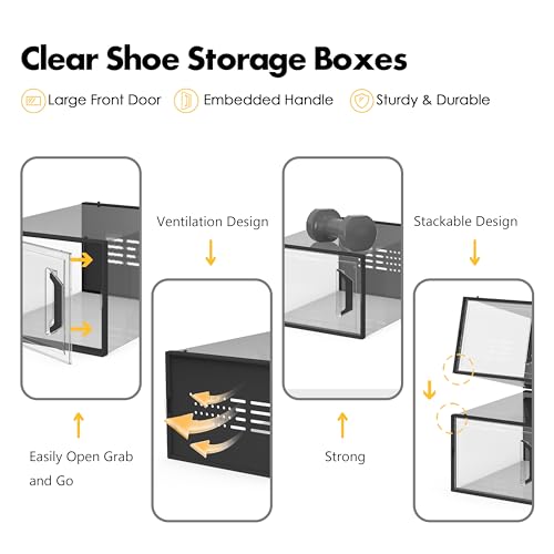 X-Large Shoe Storage Box Fit Size 11, Clear Plastic Stackable Shoe Organizer for Closet, Space Saving Sneaker Shoe Rack Containers Bins Holders for Entryway, Under Bed, 12 Pack Black