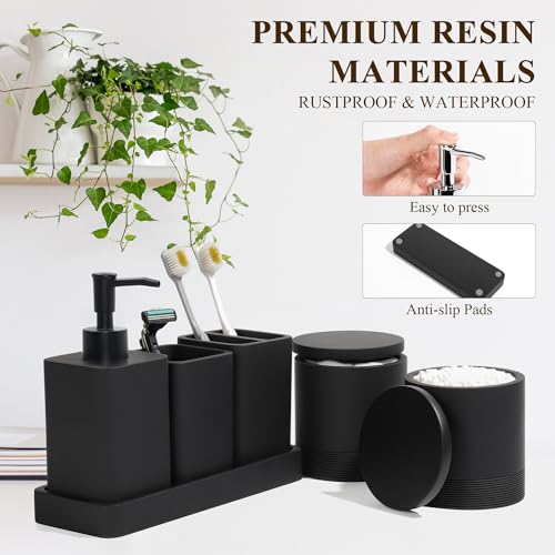 Bathroom Accessories Set, 6 Piece Soap Dispenser Set - Matte Black | Bathroom Set with Toothbrush Holders, Soap Dispenser, Vanity Tray, Tumbler, Cotton Swab Jars, Bathroom Organizer and Storage