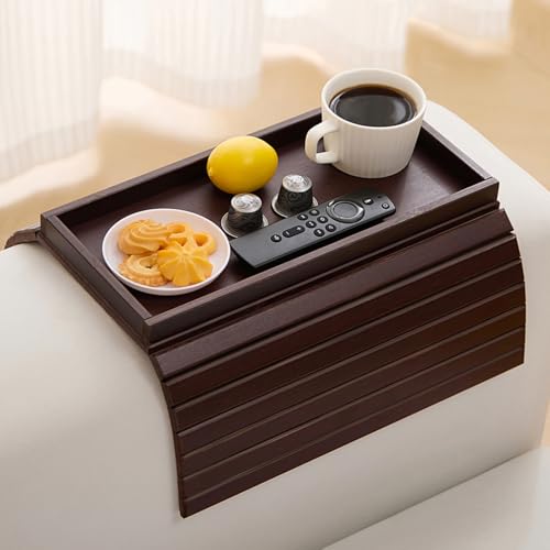 Bamboo Couch Arm Tray Table,Foldable Sofa Armrest Tray Table for Couch,Flexible and Anti-Slip Couch Arm Cup Holder,Portable Sofa Arm Chair Table for Drink,Cups, Eats,Snacks, Phone, Remote