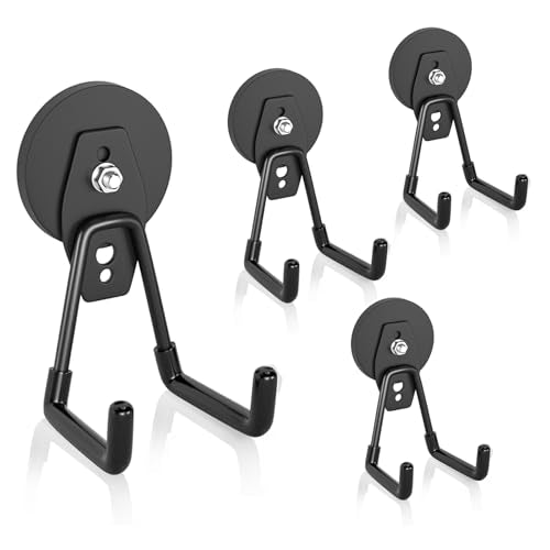 ENUODA Strong Magnetic Hooks Heavy Duty Neodymium Magnetic Tool Holder Magnet Garage Hooks for Hanging Broom, Mop, Power Tool, Toolbox, Shovel, Toolchest, Container, Van, Cabinet, Pegboard, 4 Pack