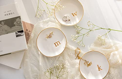 COLLECTIVE HOME Ceramic Jewelry Tray, Trinket Dish, Gifts for Women (K) | Mother's Day, Birthday, Christmas, Engagement Gifts, Vanity, Nightstand Decor, Embossed Gold Monogram Ring Dish with Gift Box