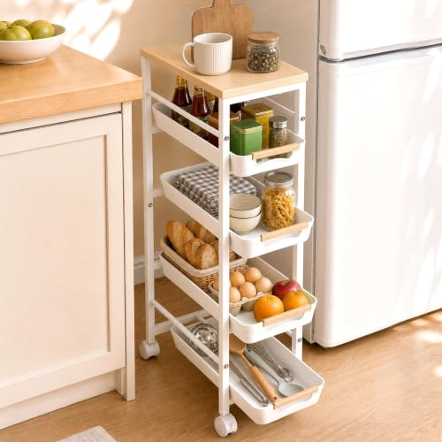Slim Rolling Storage Cart with Drawers & Lockable... (White | Metal)