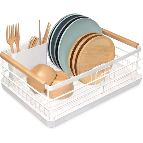 BRIAN & DANY Dish Drying Rack, Dish Racks for Kitchen Counter, Stainless Steel Dish Drainer with Removable Cutlery Holder & Drainboard, White