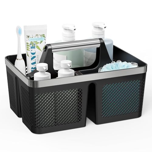 BYUNER Black Shower Caddy Portable: Plastic Bathroom Caddy Organizer with Handle and Holes, Cleaning Caddy, Hard Shower Basket Storage Tote for Toiletry, College Dorm Room Essentials for Men