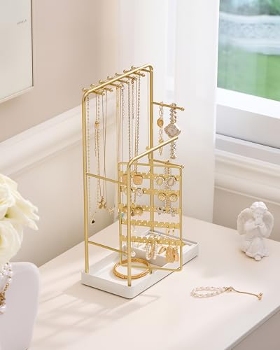 ProCase Jewelry Stand Holder Organizer and Storage, Gold (No-Assembly) | Rotating Earring Bracelet Holder Storage, Hanging Jewelry Display Velvet Ring Tray, Teen Girls Birthday Gifts Room Dorm Decor