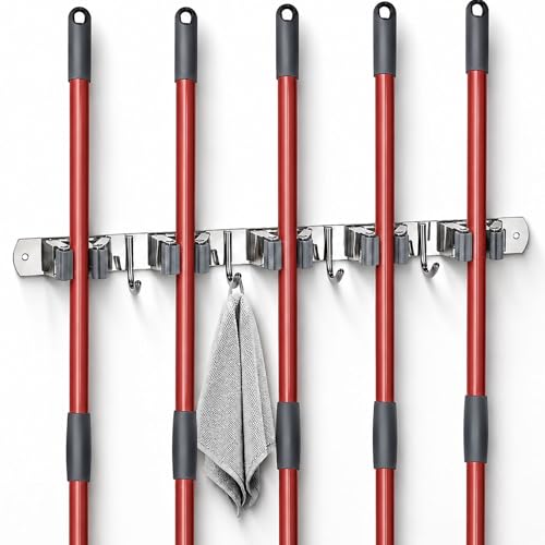 voze 5 Racks and 4 Hooks Mop and Broom Holder Wall Mount, Self Adhesive Heavy Duty Broom Hanger Organizer Storage Tool Racks for Kitchen Garden Laundry Garage