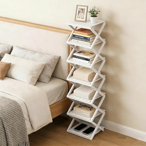 Bamboo Shoe Rack - No Assembly Required, Tall Narrow Foldable Shoe Organizer, Space-Saving Multifunctional Shelf for Entryways, Corners, Bedrooms, Balconies, 5 Layer White (Reinforced And Thickened )