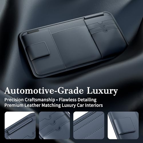 Car Visor Organizer, Premium Leather Sunglasses & Card Holder for Cars, Registration/Insurance Slot, Credit Card Pockets, Automotive Interior Organizer for Car Sun Visor (Black Leather)