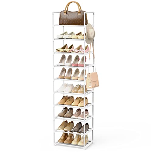 Metal Shoe Rack Organizer 10 Tiers, 20-24 Pairs Narrow Tall Shoe Racks for Closets Entryway - Vertical Boots Organizer Storage - Sturdy Shoe Shelf Cabinet White