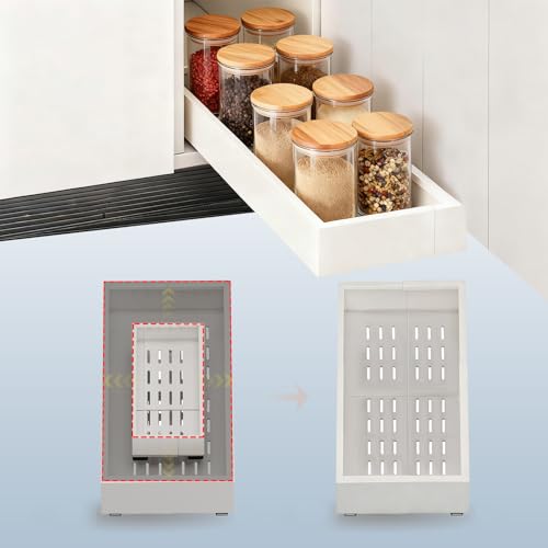Pull out Cabinet Organizer,7"-11"W, 17"-24"D,Expandable,Adhesive | No Drill,Adjustable Slide out Drawers for Kitchen,Pantry,Roll out Shelves,for Cabinets Without Lip,Bathroom,White,1PC