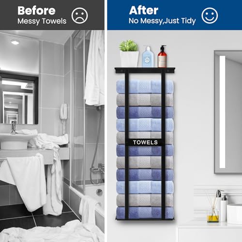 Bathroom Towel Storage Rack, Wall Mounted Bathroom Towel Rack | 30 inch Heavy Duty 6 Large Towels, Wall Mounted Towel Rack for Rolled Towels, Black