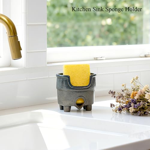 Ceramic Sponge Holder with Drainage,Farmhouse Sink Caddy | Self Draining Organizer for Sponges, Soap, Brushes. Compact Rustic Kitchen Accessory Keeps Counter Dry & Tidy. Country Blue