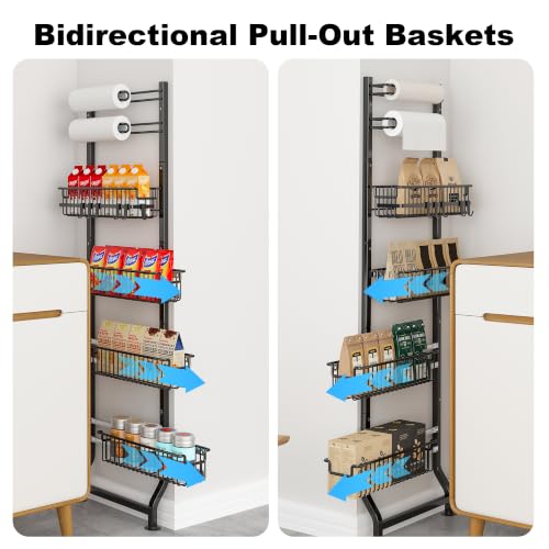 BUKFEN 6-Tier Slim Corner Shelf, Spice Rack Narrow Storage Next to Fridge | Bidirectional Pull-Out Baskets, Bent Base Stability, 6 Hooks, Space-Saving Slim Design for Kitchen, Bathroom, Laundry Room