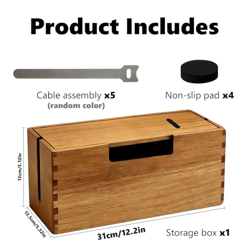 Acacia Wood Cable Management Box, Wooden Cord Hider Organizer for Power Strip, Desk/Floor/TV Wire Storage, Under Desk Cable Organizer for Home Office