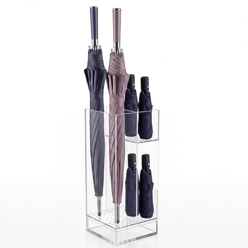 Leinuosen 9 x 9 x 22 Inch Clear Acrylic Umbrella Stand Organizer, Thick Freestanding Entryway Umbrella Holder with Long and Short Compartments, Modern Storage Rack for Home, Office and Lobby
