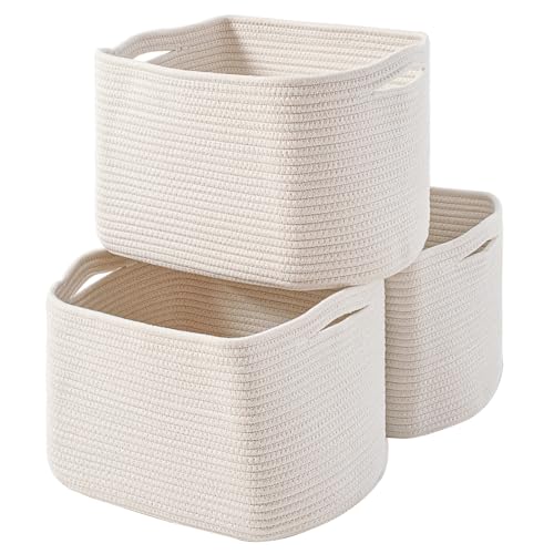 ICERZCZ Storage Baskets for Organizing Shelves 15x11x9.5 Off White 3 Packs | Woven Cotton Rope Bins for Baby Nursery Organization, Book Toy Towel Organizer, Living Room, Bedroom, Bathroom, Kid's Room