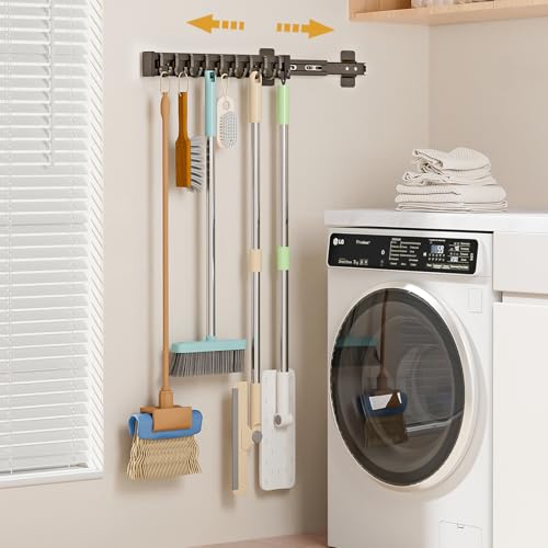Pull Out Broom Holder With 9 Adjustable Row Sliding Hook - Black 16.14inch | High Load Capacity, Multifunctional Slide Broom And Mop Storage/Organizer Garage Organization Hook, for Closet Laundry Garage