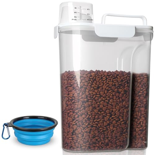TIOVERY Dog Food Storage Container, 5-7 Lbs Airtight Pet Food Container, Cat food Container Dispenser with Portable Handle, Pouring Spout, Measuring Cup and a Collapsible bowl for Dogs Cats White/6Qt
