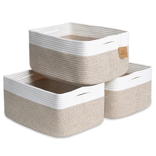 Storage Baskets 16.8”x13”x7.6” Cotton Rope Woven Baskets for Organizing 3-Pack | Toy Storage Bins | Basket for Shelves, Laundry, Blanket, Clothes, Closet, Kitchen, Bathroom, Gifts