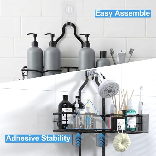 Shower Caddy Hanging Organizer Over Showerhead, Rustproof Black | 2-Tier No-Drill Hanging Shower Organizer with Removable Hooks, Soap Dish, Toothbrush Holder for Bathroom Razor Shampoo Sponge