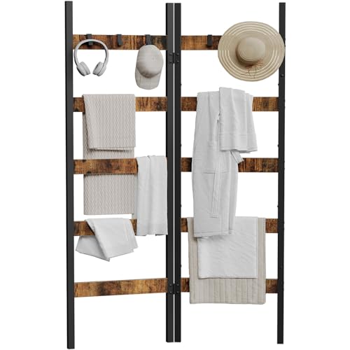 Foldable Blanket Ladder, 5-Tier Ladder Shelf, Decorative Ladder with 5 Removable Hooks, Wall-Leaning Blanket Holder for Towel, Scarves, Quilt Display Rack for Living Room, Rustic Brown