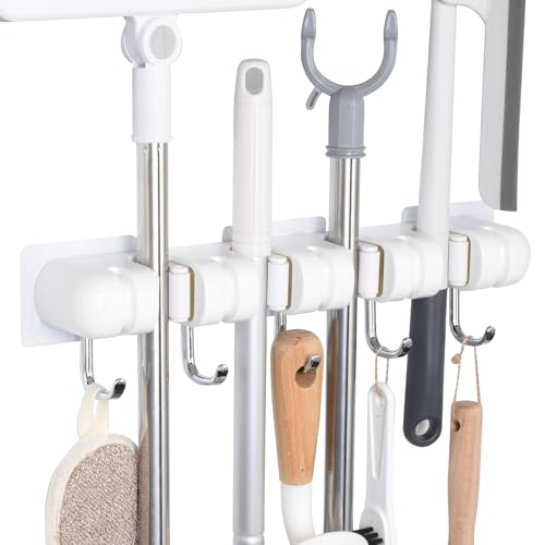 Broom Holder Wall Mount, No Drill Mop and Broom Or... (White | Plastic)