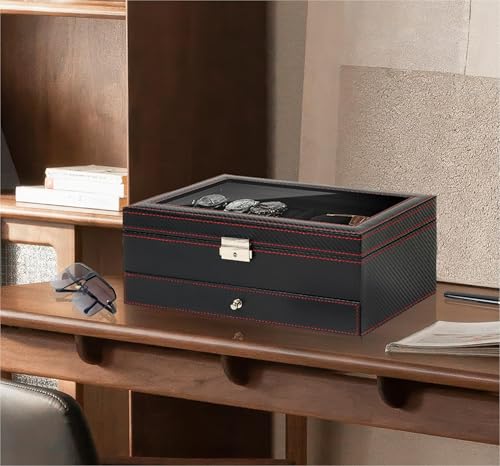 Watch Jewelry Box Organizer, 6-Slot 2-Layer Watch Case and Sunglasses Storage with Large Glass Lid, Men's Jewelry Box with Lock, Watch Holder Display Case, Fathers Day Gift for Dad