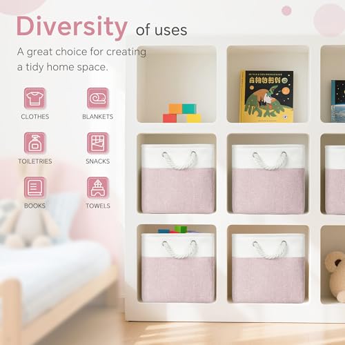 FinishingBo 11 inch Cube Storage Bin with Handles 6 Pack | Foldable Basket, Fabric Storage Bins, Closet Storage, Home Organizer (White/Pink)