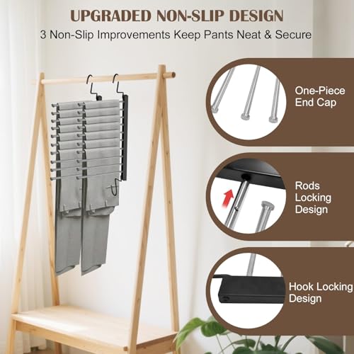 Pants Hangers Space Saving for Closet: 10 Layer Metal Jean Hanger | Collapsible Non Slip Trouser Hangers - Magic Rotational Pant Rack for Display and Storage - College Dorm Essentials