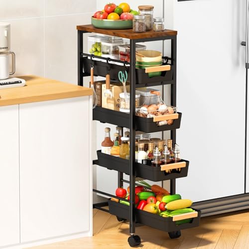 SUNALLY Slim Storage Cart with Wheels, Narrow Kitchen Rolling Cart, Black | 5-Tier Skinny Rolling Cart with Wooden Top & Lockable Wheels, Storage Organizer for Bathroom, Laundry Room, Narrow Space