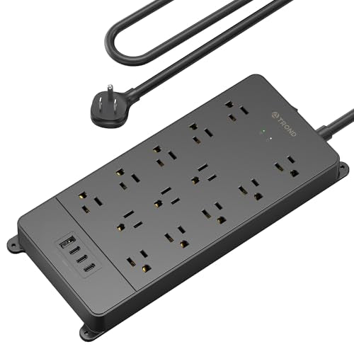 TROND Surge Protector Power Strip 5ft Cord, 4000J, 4 USB, ETL Listed, Black | 13 Widely-Spaced Outlets Expansion with USB C Ports, Low-Profile Flat Plug, Wall Mount, Extension Cord, 14AWG Heavy Duty