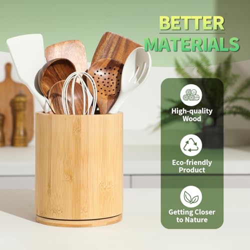 Wooden Utensil Holder, 360°Rotating 7.3'' Large Ut... (Bamboo | Wood)