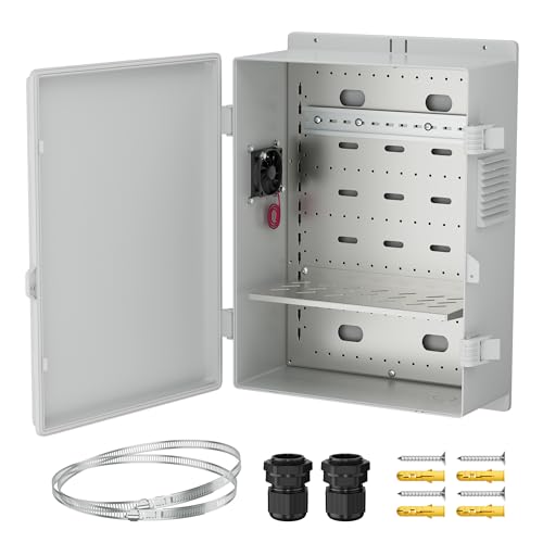 Joinfworld Vented Outdoor Enclosure Box 18.1x12.6x6.4 White | ABS Weatherproof WiFi Enclosure with 12V Fan, DIN Rail, Dustproof Design & Wall/Pole Mounting