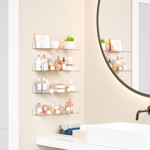 4 Pack 15" Acrylic Shelves for Wall,Bathroom,Bedroom - with Adhesive - No Drilling Clear Floating Shelves for Funko Pop,Lego,Action Figures,Nail Polish,Perfume Shelf and Wall Storage & Display