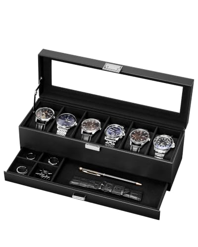 6-Slot Watch Case for Men, Mens Jewelry Box with G... (All Black | Faux Leather)
