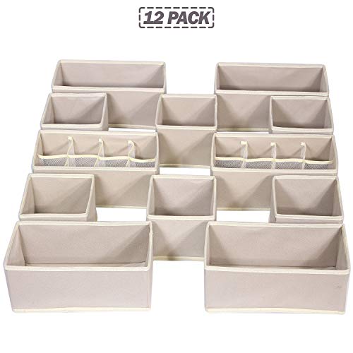 12 Pack Foldable Drawer Organizer Dividers Cloth Storage Box Closet Dresser Organizer Cube Fabric Containers Basket Bins for Underwear Bras Socks Panties Lingeries Nursery Baby Clothes Beige NN246