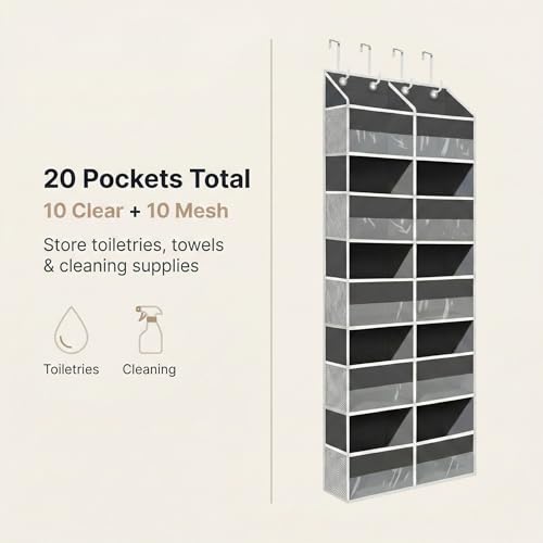 Over the Door Organizer, 10-Pocket Heavy Duty Hanging Storage Bag | 600D Oxford hanging door organizer with 10 front pockets, 10 side mesh pockets, four silicone-padded hooks and 80 lb capacity