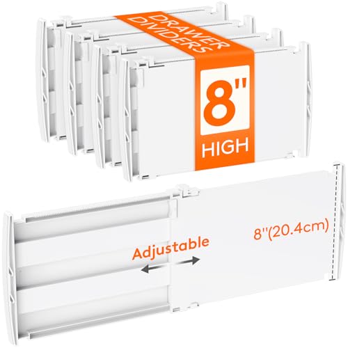 8" Tall Drawer Dividers, Adjustable Deep Drawer Or... (4 Count | White | ABS Plastic)
