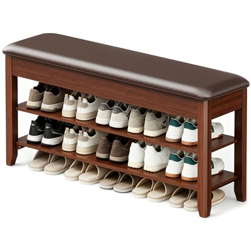 Shoe Bench with Storage, Solid Rubberwood Shoe Rac... (Walnut | Walnut&Leather)