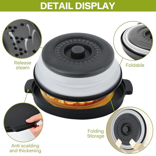 Microwave Splatter Cover for Food with Anti-scald Base Plate,Large Plastic & Silicone Vented Avoid Scalding Collapsible Guard Lid, Plate & Kitchen Colander for Meal Prep-10.7 Inch (2pcs-Gray-Black)