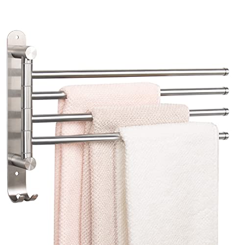 NearMoon Swivel Towel Rack, 13.8" Thicken 304 Stainless Steel 4-Arm Towel Bar, Space Saving Wall Mounted Towel Holder with Hook, Rustproof Swing Out Towel Hanger for Bathroom, Kitchen (Brushed Nickel)