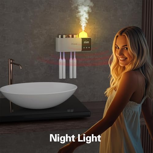 iHave Toothbrush Holder Aromatherapy Diffuser Wall Mount UV Sanitizer 2-Cup | Auto-Cycle Disinfection UV-C Toothbrush Sanitizer, Aromatherapy Diffuser, Timer, Drying & IR Night Light, Bathroom Organizer