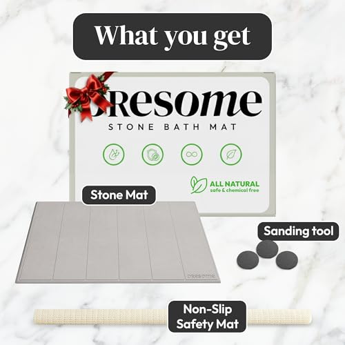 Stone Bath Mat for Bathroom, Diatomaceous Earth Bath Mat, 24" x 16", 1 Pack | Modern Alternative to Fabric Mats, Quick Drying, Fast Water Absorption, Includes Non-Slip Mat & Sanding Tool, Easy to Clean