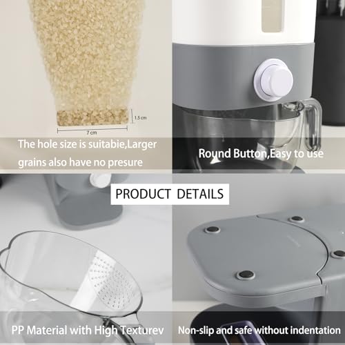 22.5-25 Lbs Gray Rice Dispenser, Rice Container with Lid, Rice Storage Container with Measuring Cup, Food Dispenser Rice Container, Storage Container for Cereal, Household Rice Bucket