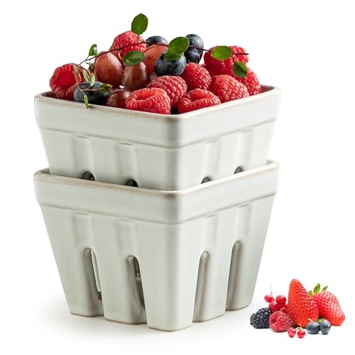 Ceramic Berry Basket Set of 2, Square Fruit Bowl w... (White | Ceramic)